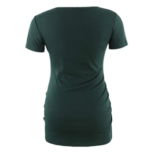 Vista posteriore della maglietta premaman verde scuro con arricciature laterali