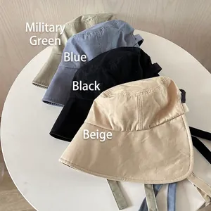 Outdoor sun protection fisherman hats with straps in army green, blue, black, and beige