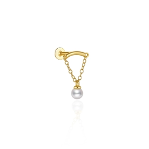 Detail of S925 silver gold-plated stud earring with a hanging white pearl chain