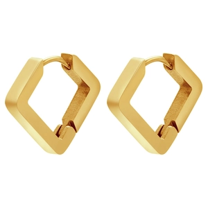 Detailed view of geometric gold earrings with polished finish and hollow rhombus design