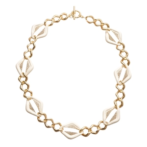 Collier doré avec fermoir OT et pendentifs géométriques blancs sertis de brillants