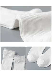 Detail showing white rib-knit texture and elegant lace cuffs of these knee-high socks