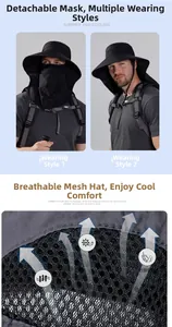 Detail of dark grey sun hat with detachable face mask and breathable mesh panels