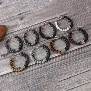 Men Double Layer Bracelet With Stainless Steel Chain And Natural Tiger Eye Stone Agate Beads Retro Punk Style Toggle Clasp