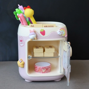 Pink fridge-shaped plastic desk organizer and pen holder with cute cartoon 3D stickers
