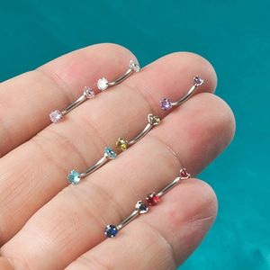 Curved stainless steel eyebrow rings with multi-colored round cubic zirconia studs set