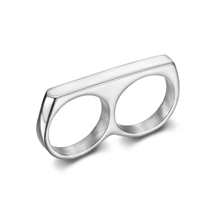 Minimalist silver two-finger ring with brushed stainless steel finish on white background