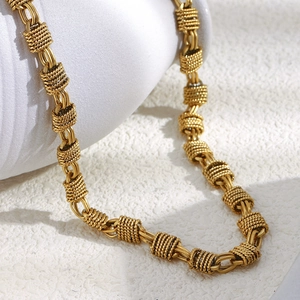 18K gold plated stainless steel multi-layered twisted rope and ring link necklace for women
