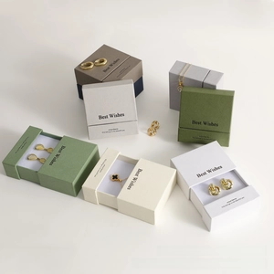 Macro view of textured drawer jewelry boxes with Best Wishes gold foil stamping