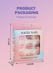 Packaging box showing 108 pieces of 9-color gradient press-on nails with size measurements
