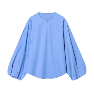Blouse Femme Manche Longue Fermeture Éclair Col Rond Manches Ballons Popeline Mode Chic Chemise Décontractée Top