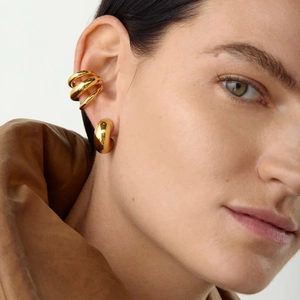 Polished 18K gold stainless steel triple-layered ear cuff and ball earring set for women
