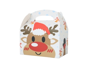 Detail of Christmas candy box with reindeer graphics and convenient carrying handle