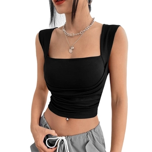 Slim fit black square neck cropped tank top with ruched hem detail for women