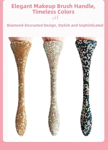 Detail of glittery crystal rhinestone handles for large makeup brushes in three colors