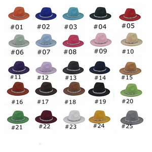 Flat top wide brim wool fedora with metal chain in 25 assorted vibrant colors