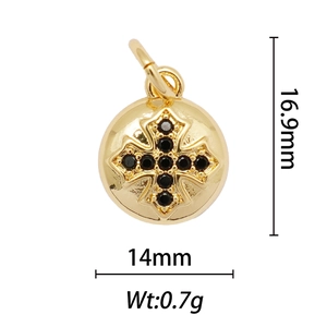 Detail view of a round 18k gold-plated pendant with black stone cross and size dimensions