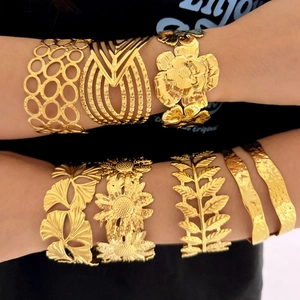 Stainless Steel Wide Cuff Bracelet For Women Hollow Out Floral Geometric Open Bangle Exaggerated Fashion Jewelry