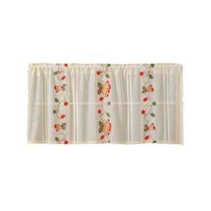 Christmas cafe curtain with embroidered red bells and holly leaves on cream lace fabric