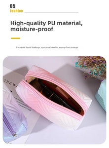 Detail of high-quality moisture-proof PU leather makeup bag with V-shaped quilting