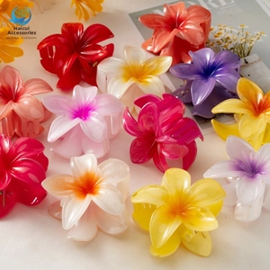 Flat lay of large gradient frangipani flower hair claws in multiple vibrant colors