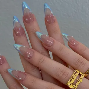 Blue Aurora French Style Press On Nails Metallic Glossy Almond Shape Wearable Fake Nails With White Artificial Pearl Decor For Women