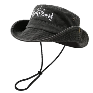 Vintage washed cotton mountain embroidery sun hat with chin strap in charcoal black finish
