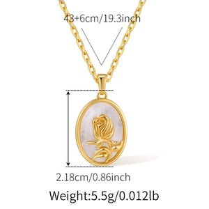 Detailed view of gold oval rose pendant necklace with dimensions 43 plus 6 cm and 5.5 grams