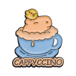 Broche émaillée mignonne capybara et poussin dans une tasse Cappyccino bleue en métal