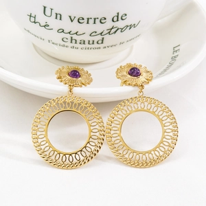 Bohemian gold stainless steel hoop earrings with purple natural stone and sunburst charm