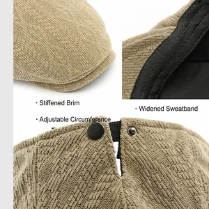 Knitted newsboy cap in khaki with stiff brim, adjustable strap, and wide sweatband