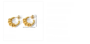 Detail view of 20mm C-shaped 18k gold plated stainless steel hoop earrings with spiral texture