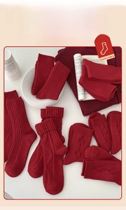 Detail showing red festive cotton crew socks with various cable knit and ribbed textures