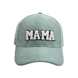 Sage green corduroy baseball cap with white plush MAMA embroidery on the front