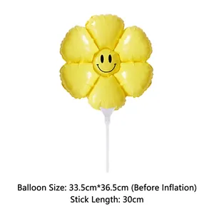 Yellow flower balloon with smile face, 33.5x36.5cm size with white plastic stick