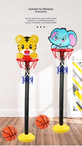 Close-up of children's indoor mini basketball hoop with tiger and elephant backboards