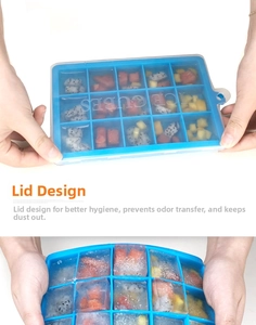 Detail of 15-grid blue silicone ice tray with lid and frozen fruit cubes inside