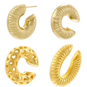 Brass C-Shaped Ear Cuffs And Hoop Earrings Featuring Hollow Heart And Twisted Threaded Design For Women Vintage Style