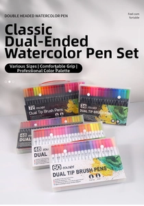 Detail of dual-tip watercolor pens featuring soft brush and fine liner tips in a set