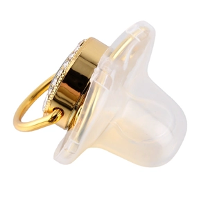 Golden crown heart baby pacifier with sparkling rhinestones and transparent silicone nipple