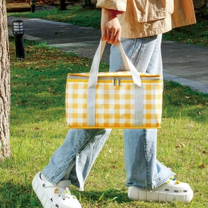 Foldable insulated yellow plaid picnic basket with handles for outdoor camping lunch