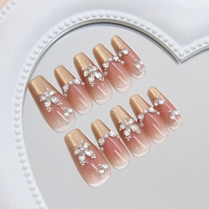 Handgemachte Press On Nails Schmetterling Strass Künstliche Perle Coffin Form Ombre Gradient ABS Kunststoff Eleganter Französischer Stil