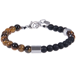 Detailed view of tiger eye beads, matte black stones, and steel lobster clasp