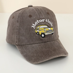 Close-up of motor club car embroidery on a retro washed cotton kids baseball cap