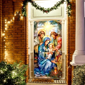 Christmas Nativity scene door banner mural featuring Mary and Joseph on a brick house door
