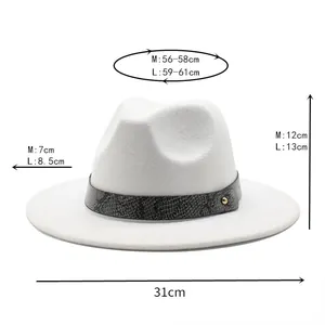 Size chart for white fedora hat with snake pattern band showing M and L dimensions