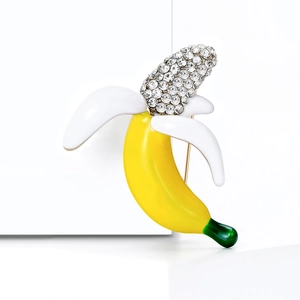 Cute cartoon banana fruit brooch featuring bright yellow enamel and sparkling clear rhinestones