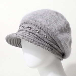 Winter fleece-lined warm grey knit hat with faux rabbit fur top and pearl details