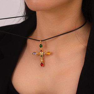 Stainless Steel Cross Pendant Necklace With Colorful Gemstones Artificial Pearl Vintage High End Byzantine Style For Women