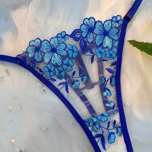 French style sexy blue lace embroidery flower bra set with sheer mesh and pearl accents